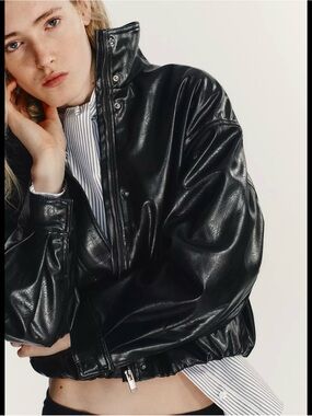 Zara Black Faux Leather Bomber Volume Jacket